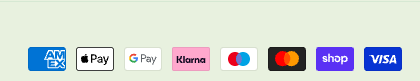 Ways to pay: American Express, Apple Pay, Google Pay, Klarna, Mastercard, Shop Pay, and Visa