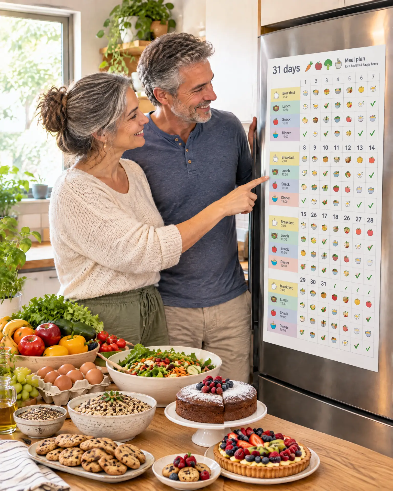 A couple in the kitchen planning meals with a 21-day calendar