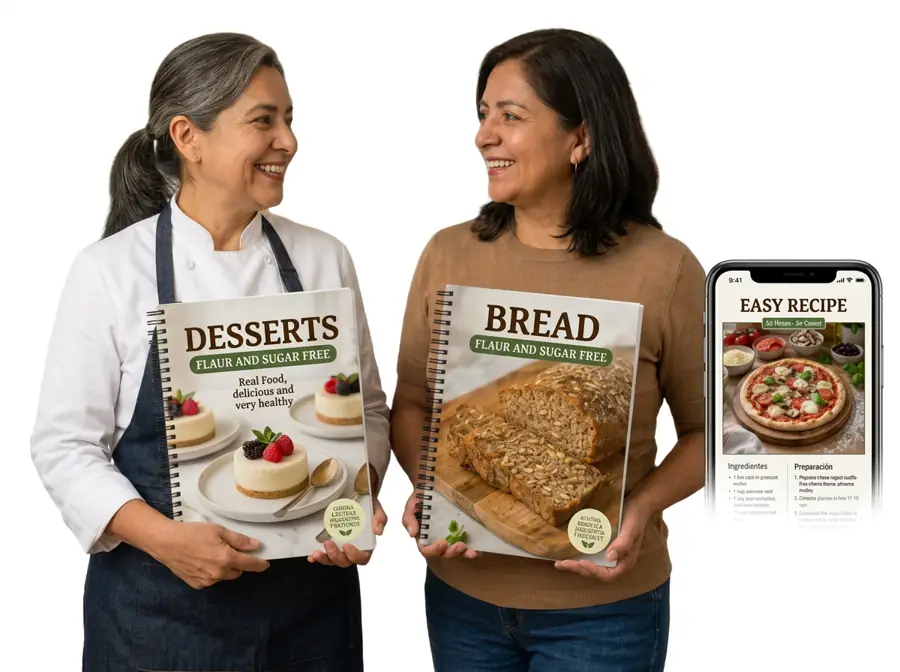 Two women with printed dessert and bread books next to a recipe on a phone