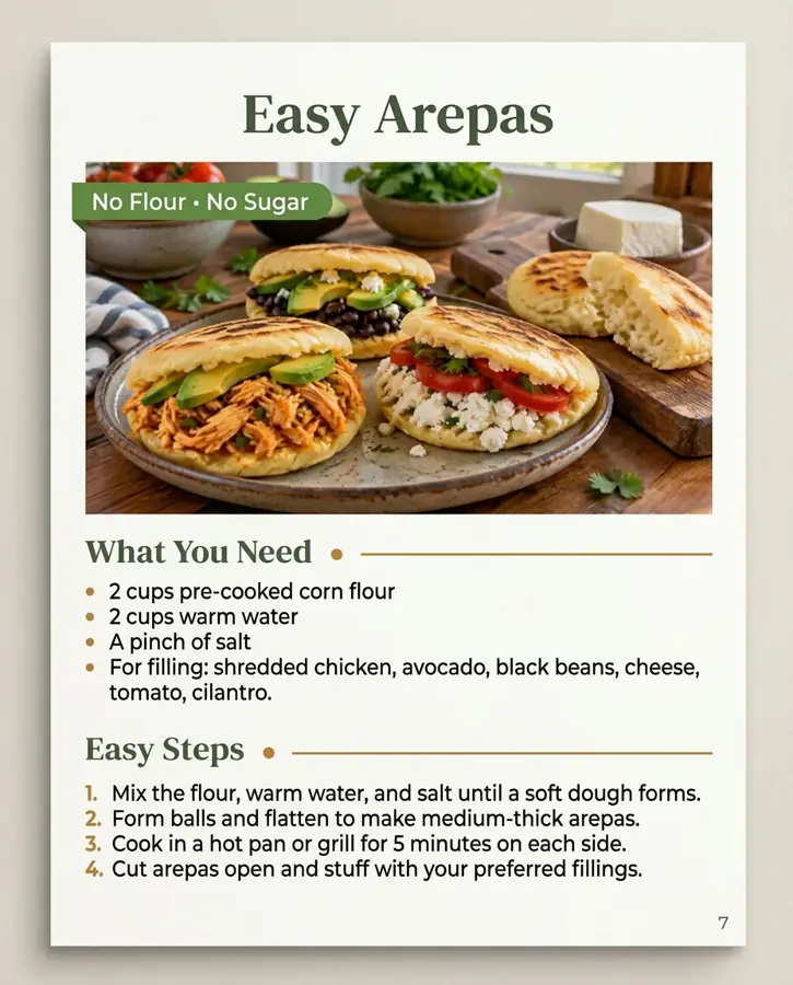 An arepa recipe page with foods and steps