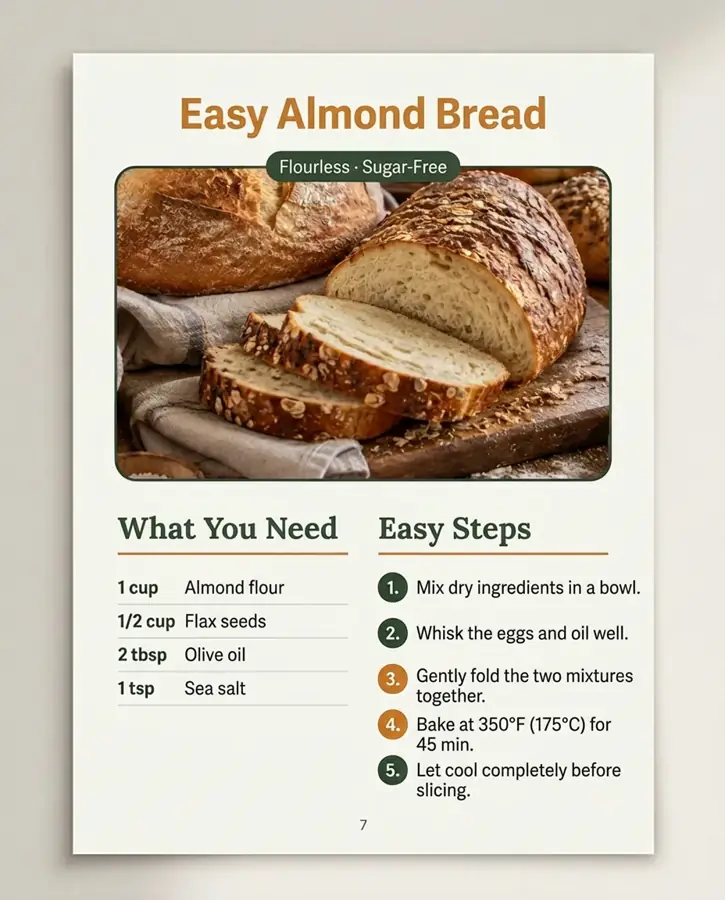 An almond bread recipe page with foods and steps